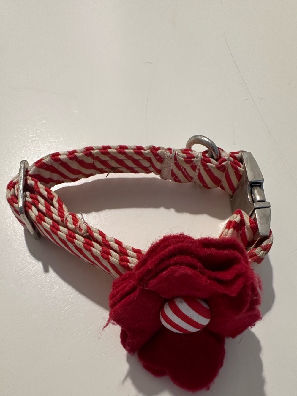 Red Striped Dog Collar w/ red flower Size Small